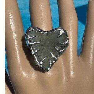 Heart of the Sea Heart Shaped Sea Glass Silver Blend Artisan Ring Size 8